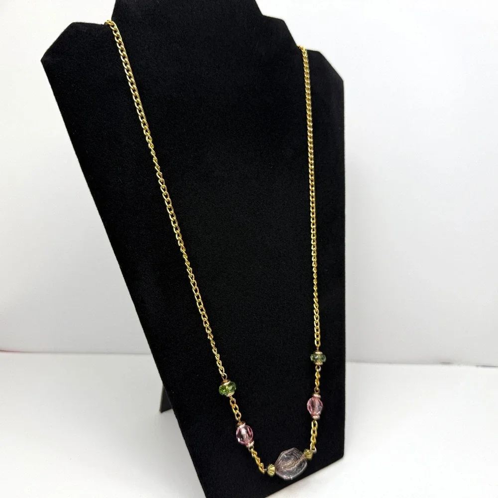 Long Gold Tone Colorful Faceted Acrylic Beads Chain Necklace Fashion Jewelry